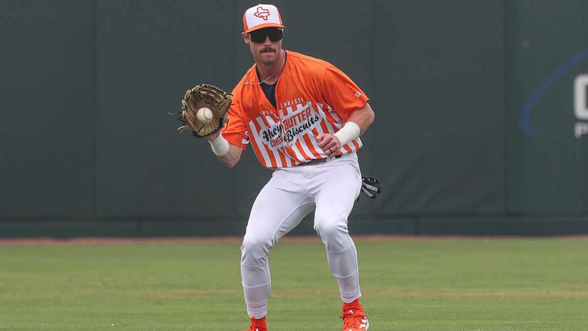 Hooks center fielder Jacob Melton fields a ground ball during Education Day at Whataburger Field, Wednesday, May 8, 2024, in Corpus Christi, Texas.