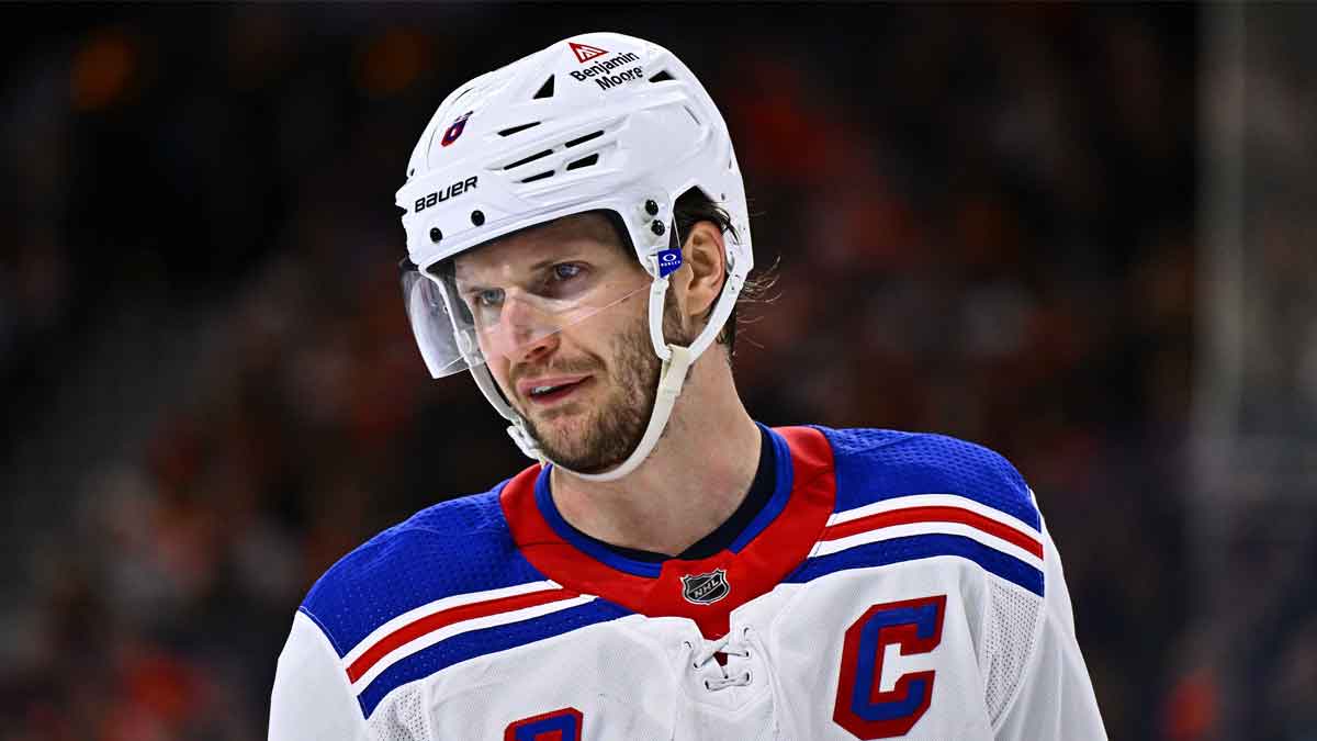 New York Rangers defenseman Jacob Trouba (8) looks on against the Philadelphia Flyers in the third period at Wells Fargo Center.