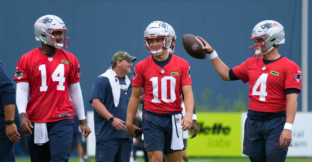 New England Patriots quarterbacks Jacoby Brissett, Drake Maye and Bailey Zappe on the first day of training camp