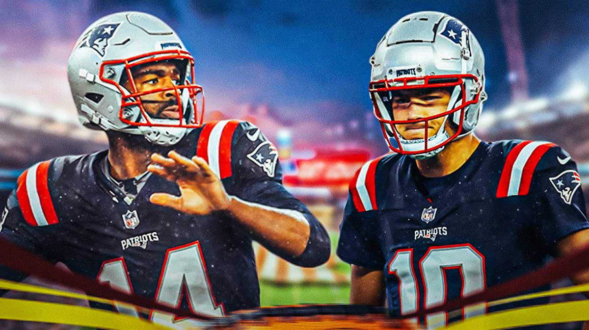 New England Patriots stars Jacoby Brissett and Drake Maye in front of Gillette Stadium.