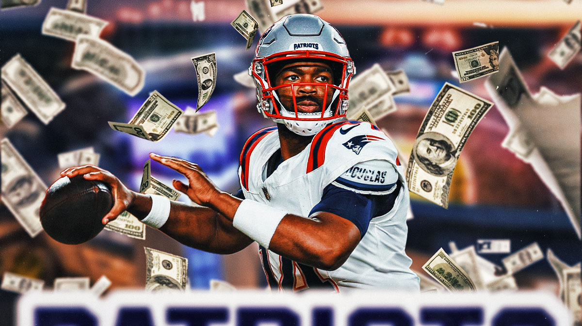 jacoby brissett in a patriots uniform with money raining down around him