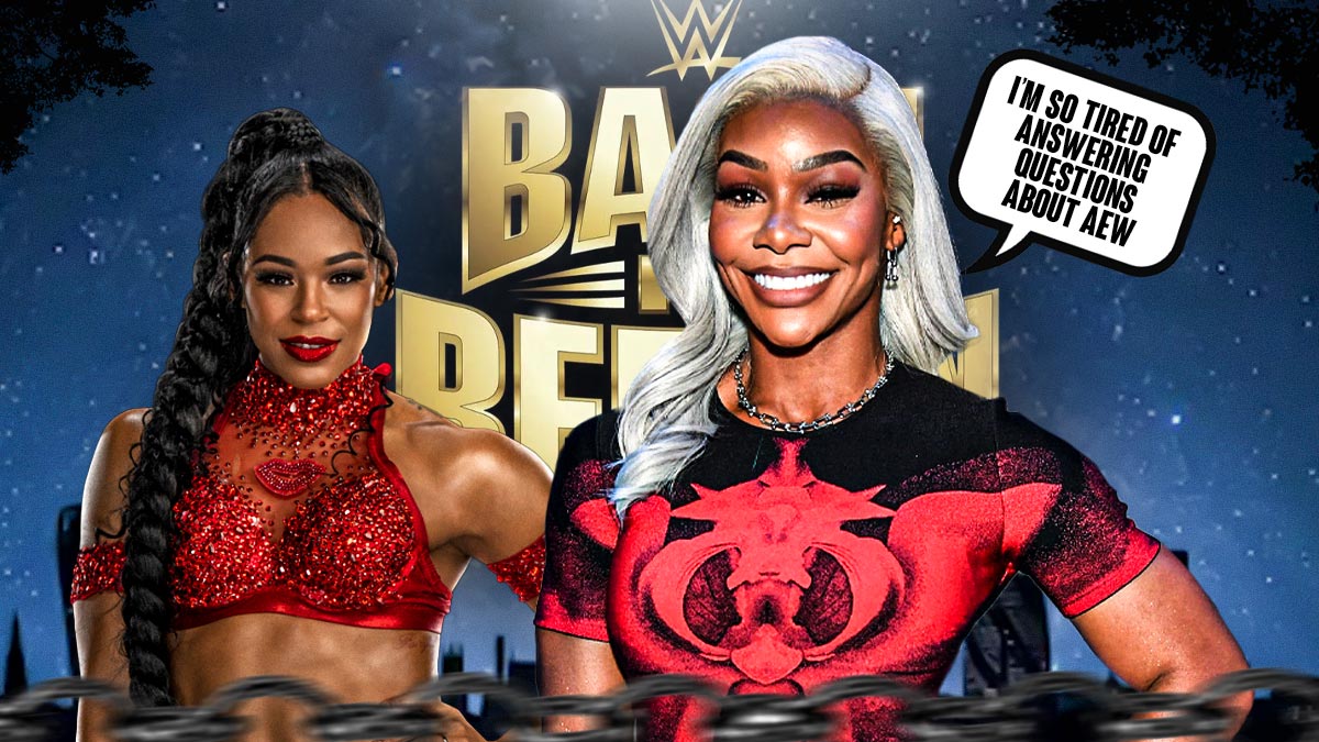 Jade Cargill with a text bubble reading "I’m so tired of answering questions about AEW" next to Bianca Belair with the Bash in Berlin logo as the background.