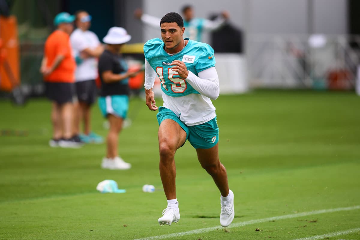 Miami Dolphins linebacker Jaelan Phillips (15) works out during training camp at Baptist Health Training Complex.