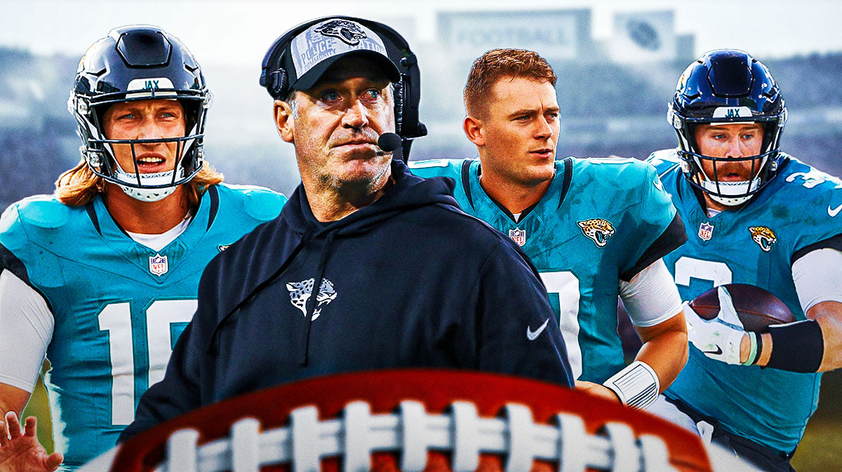 Jacksonville Jaguars head coach Doug Pederson in the middle with stars Trevor Lawrence, Mac Jones, and C.J. Beathard in front of EverBank Stadium.