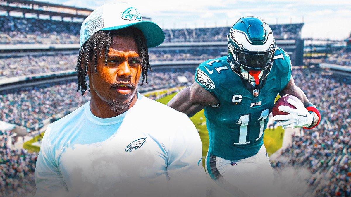 Jahan Dotson and AJ Brown in front of an Eagles motif.