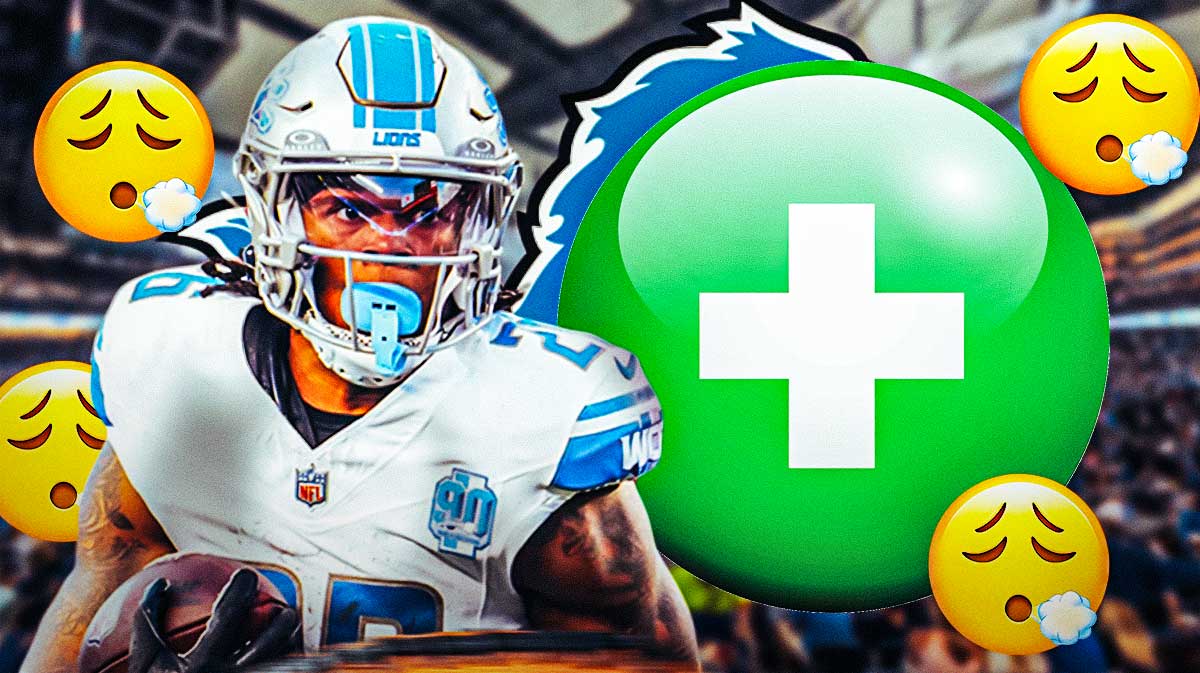 Detroit Lions RB Jahmyr Gibbs with a green injury symbol. He is surrounded by relaxed/face exhaling (😮‍💨) emojis. There is also a logo for the Detroit Lions.