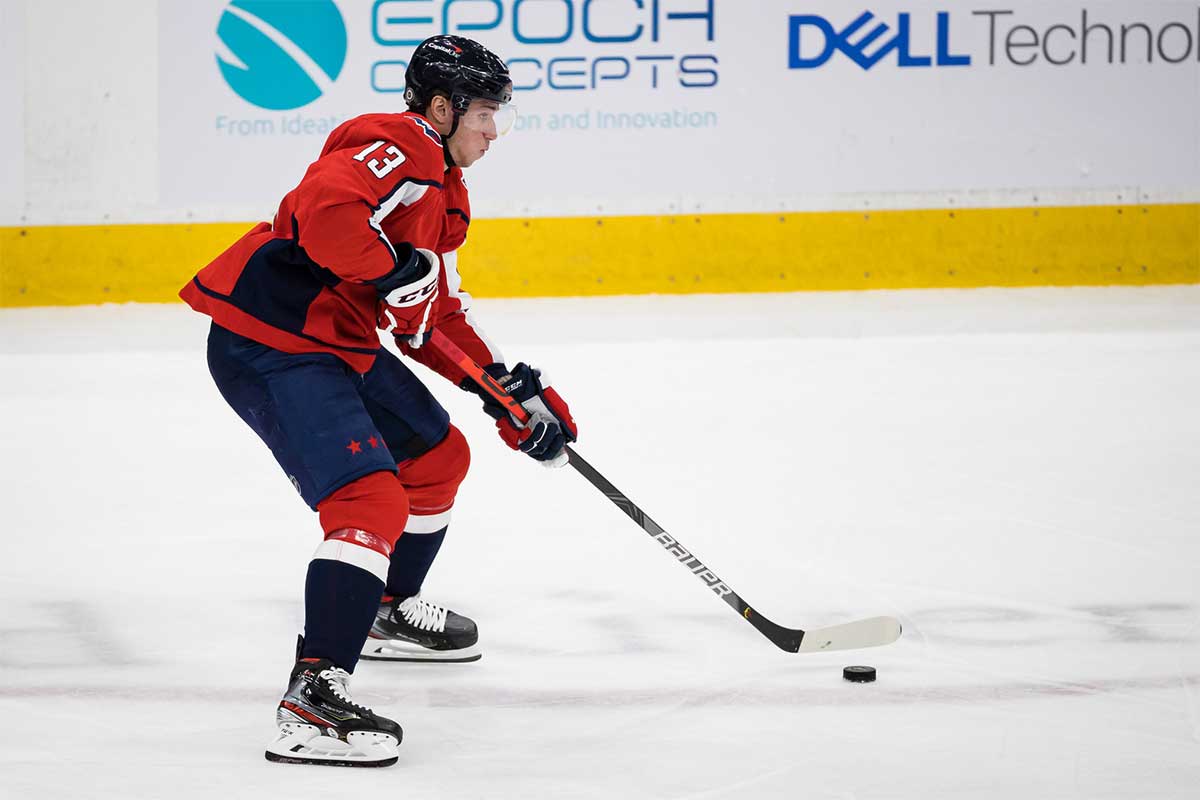 Washington Capitals left wing Jakub Vrana (13) skates with the puck against the New York Rangers during the second period at Capital One Arena.