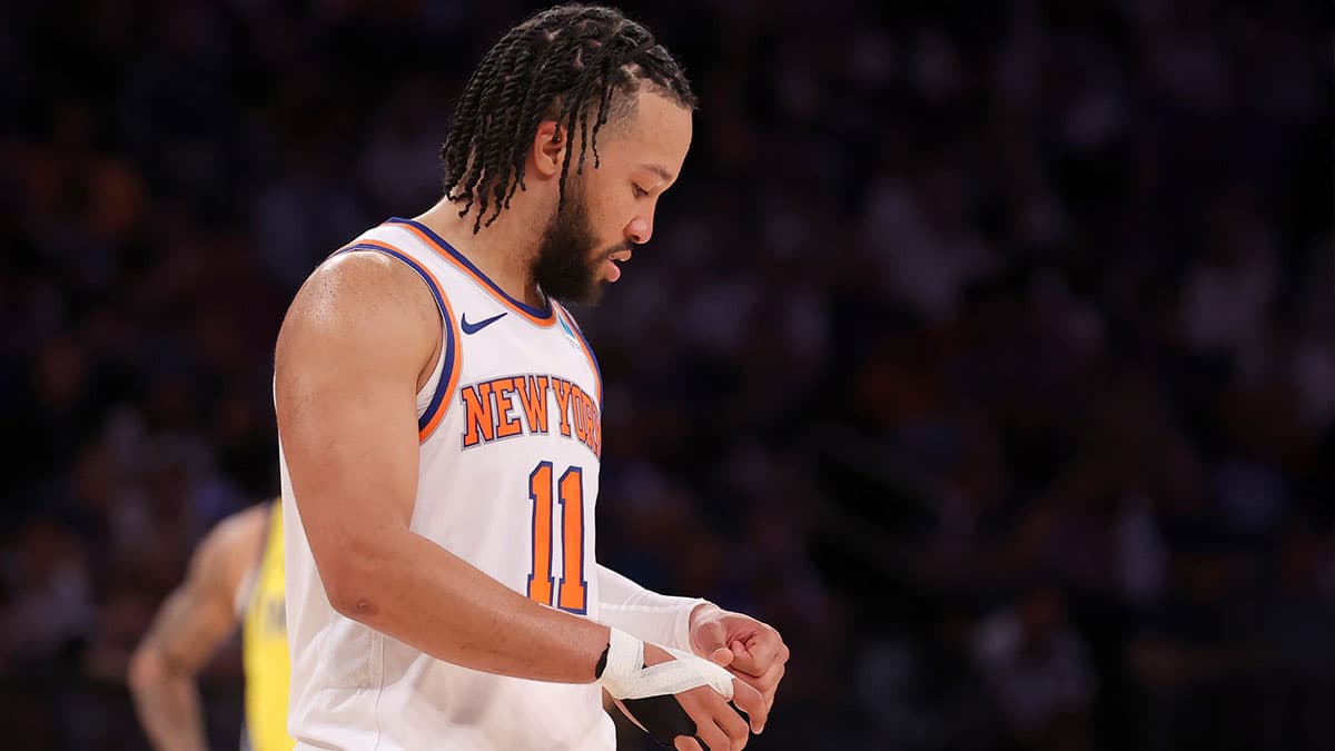 New York Knicks guard Jalen Brunson (11) flexes his left hand during the third quarter of game seven of the second round of the 2024 NBA playoffs against the Indiana Pacers at Madison Square Garden.