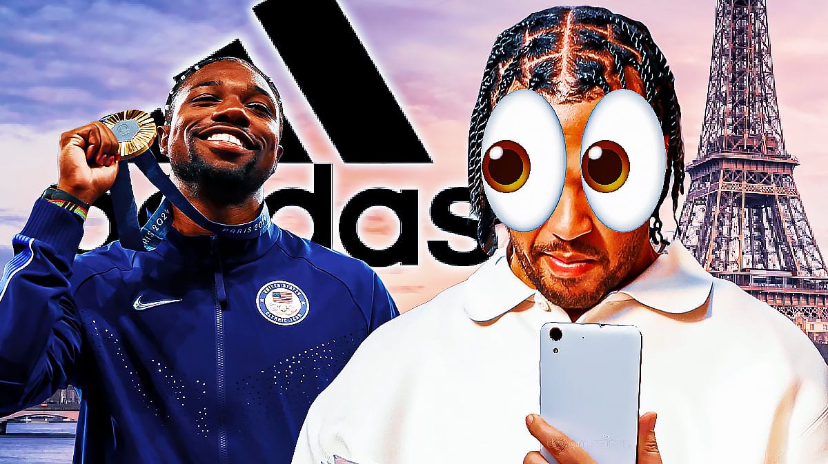 Knicks All-Star Jalen Brunson looking at his phone with googly eyes (Wide-eyed) next to Noah Lyles with a gold medal around his neck and the Adidas logo