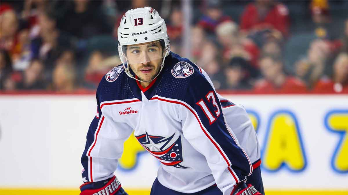 Columbus Blue Jackets left wing Johnny Gaudreau (13) against the Calgary Flames during the second period at Scotiabank Saddledome.