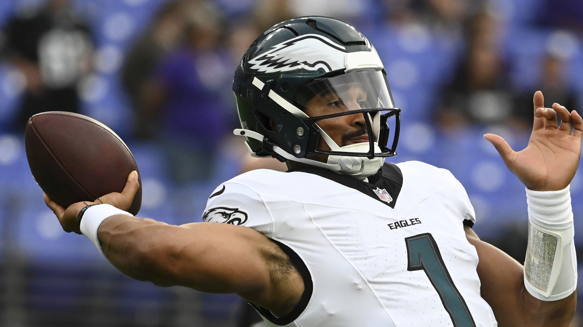 Philadelphia Eagles quarterback Jalen Hurts (1) throws before a preseason game against the Baltimore Ravens at M&T Bank Stadium.