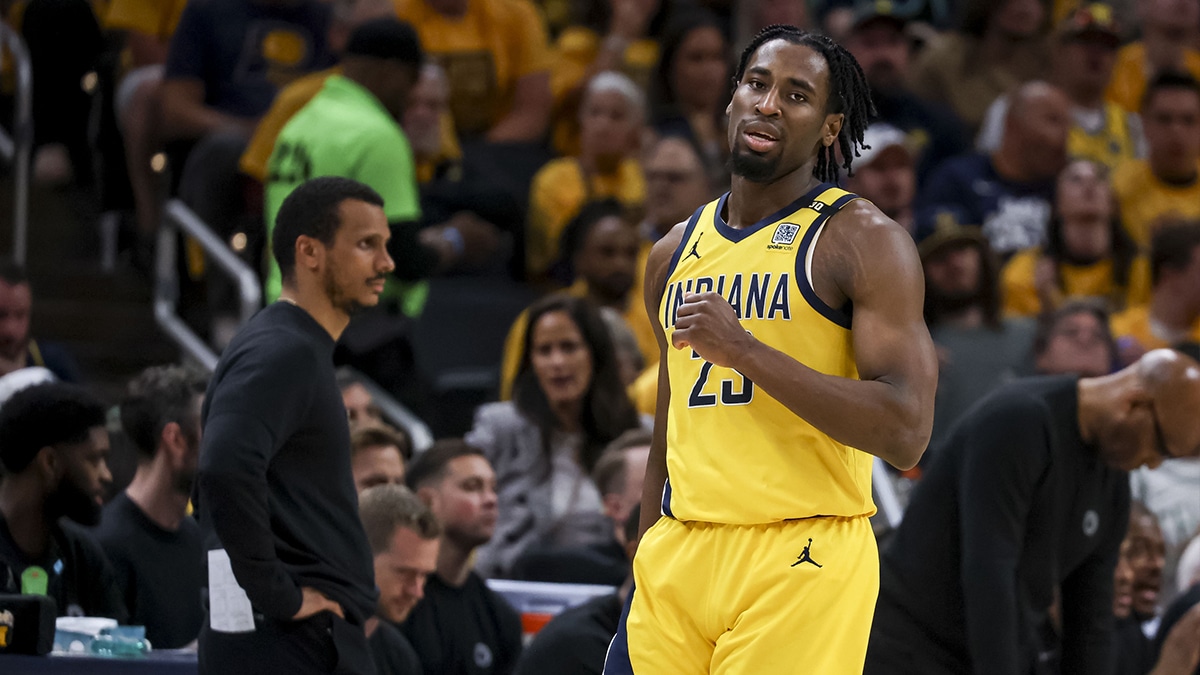 Indiana Pacers forward Jalen Smith (25) during the third quarter during game four of the eastern conference finals for the 2024 NBA playoffs at Gainbridge Fieldhouse. 
