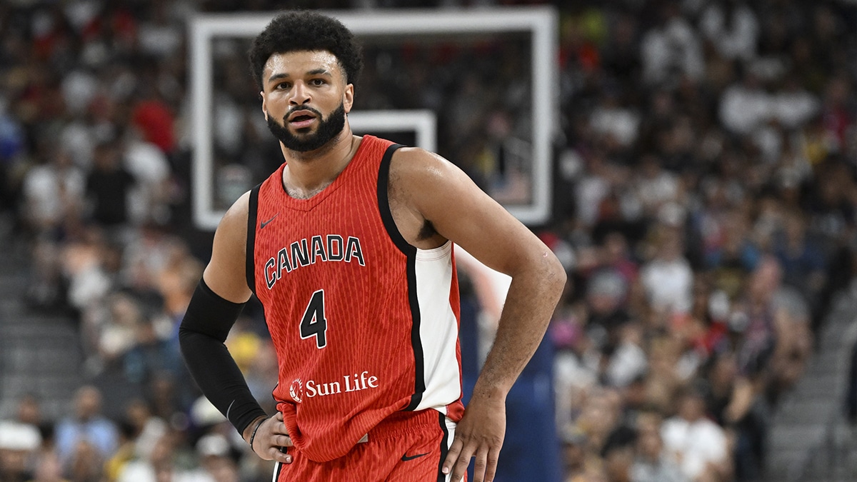 Canada guard Jamal Murray (4) looks on in the second quarter against USA in the USA Basketball Showcase at T-Mobile Arena. 