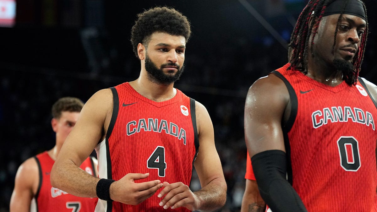 Canada guard Jamal Murray (4) leaves the court after the loss against France in a men’s basketball quarterfinal game during the Paris 2024 Olympic Summer Games at Accor Arena.