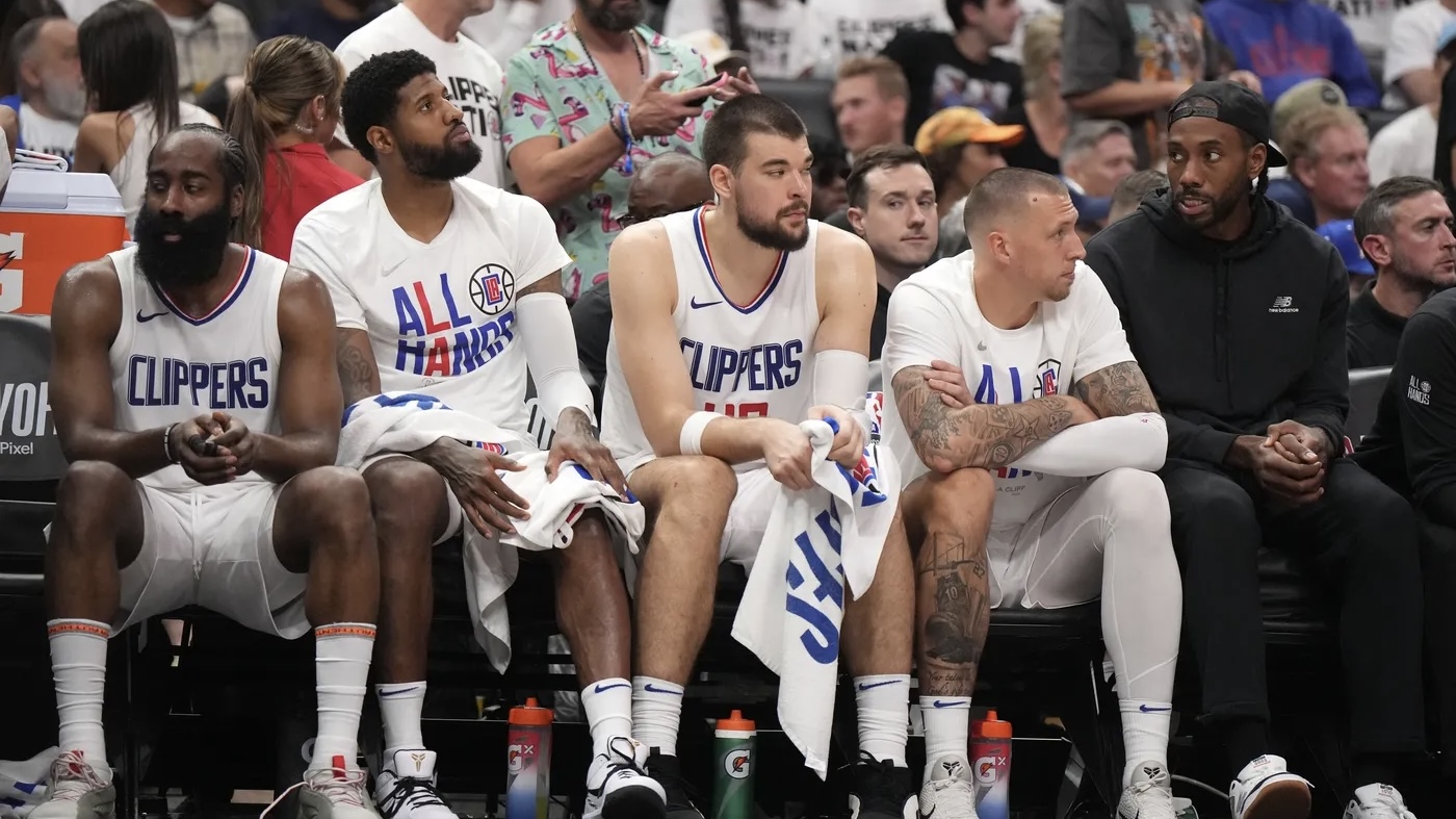 LA Clippers guard James Harden (1), forward Paul George (13), center Ivica Zubac (40), center Daniel Theis (10) and forward Kawhi Leonard (2) react in the second half during game five of the first round for the 2024 NBA playoffs at Crypto.com Arena.