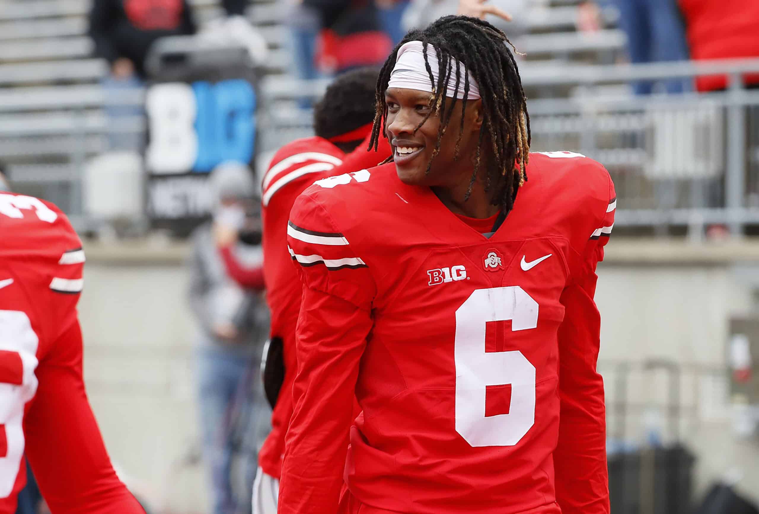 Team Buckeye wide receiver Jameson Williams (6) walks off the field following the Ohio State Buckeyes football spring game at Ohio Stadium in Columbus on Saturday, April 17, 2021. Ohio State Football Spring Game