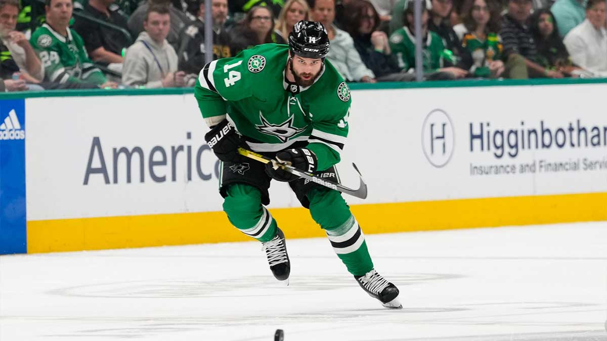 Dallas Stars left wing Jamie Benn (14) in action against the Dallas Stars during the second period between the Dallas Stars and the Edmonton Oilers in game five of the Western Conference Final of the 2024 Stanley Cup Playoffs at American Airlines Center.