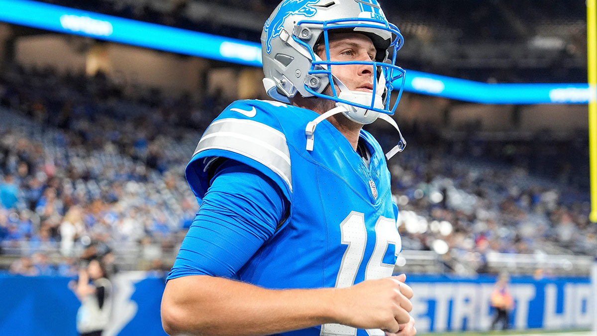 Detroit Lions quarterback Jared Goff (16) takes the field for warm up before a preseason game against Pittsburgh Steelers at Ford Field in Detroit on Saturday, August 24, 2024.