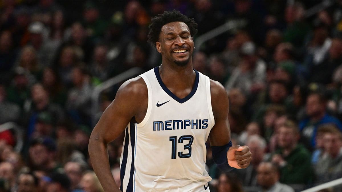 Memphis Grizzlies forward Jaren Jackson Jr. (13) reacts in the third quarter against the Milwaukee Bucks at Fiserv Forum.