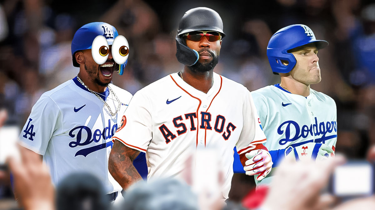Jason Heyward in front in an Astros 2024 jersey. Dodgers Freddie Freeman, Dodgers Mookie Betts with eyes popping out looking at Heyward.