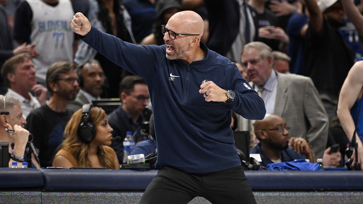 Dallas Mavericks head coach Jason Kidd reacts in the fourth quarter against the Minnesota Timberwolves during game three of the western conference finals for the 2024 NBA playoffs at American Airlines Center. 