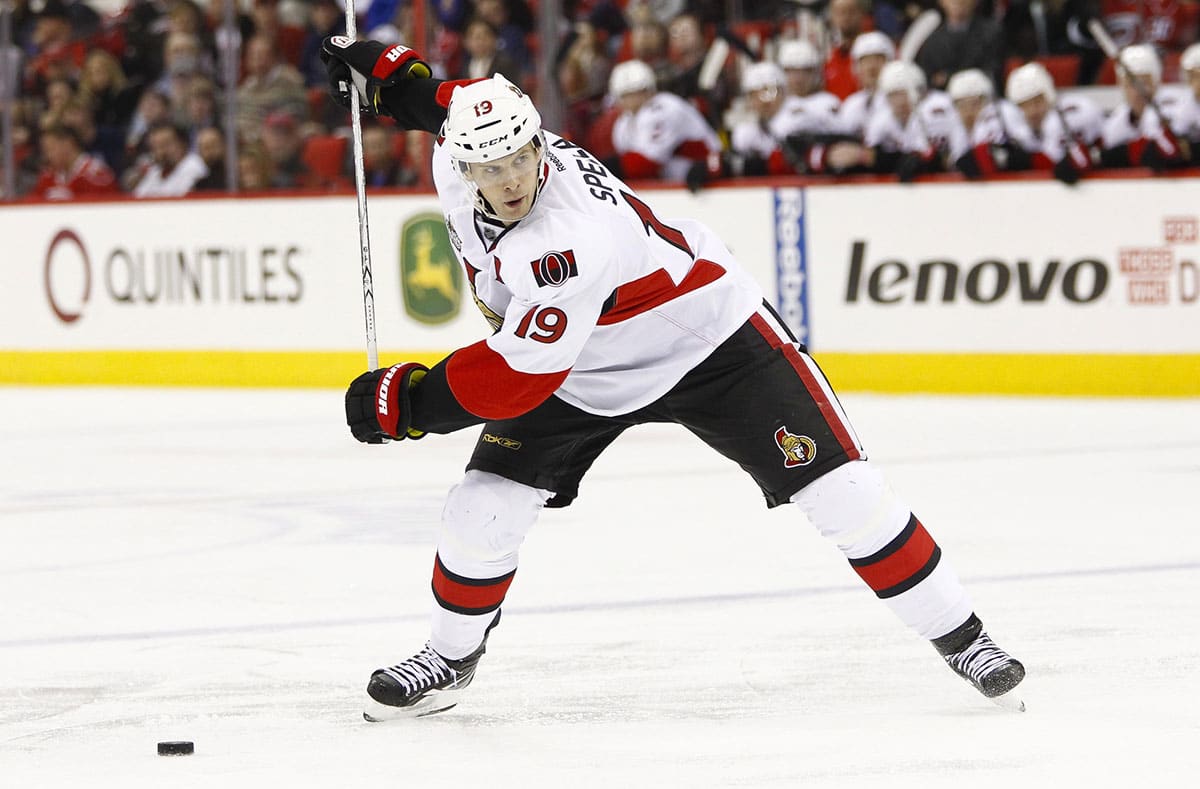 Ottawa Senators center Jason Spezza (19) takes a shot against the Carolina Hurricanes at the RBC center. The Senators defeated the Hurricanes 3-2 in the shoot out.