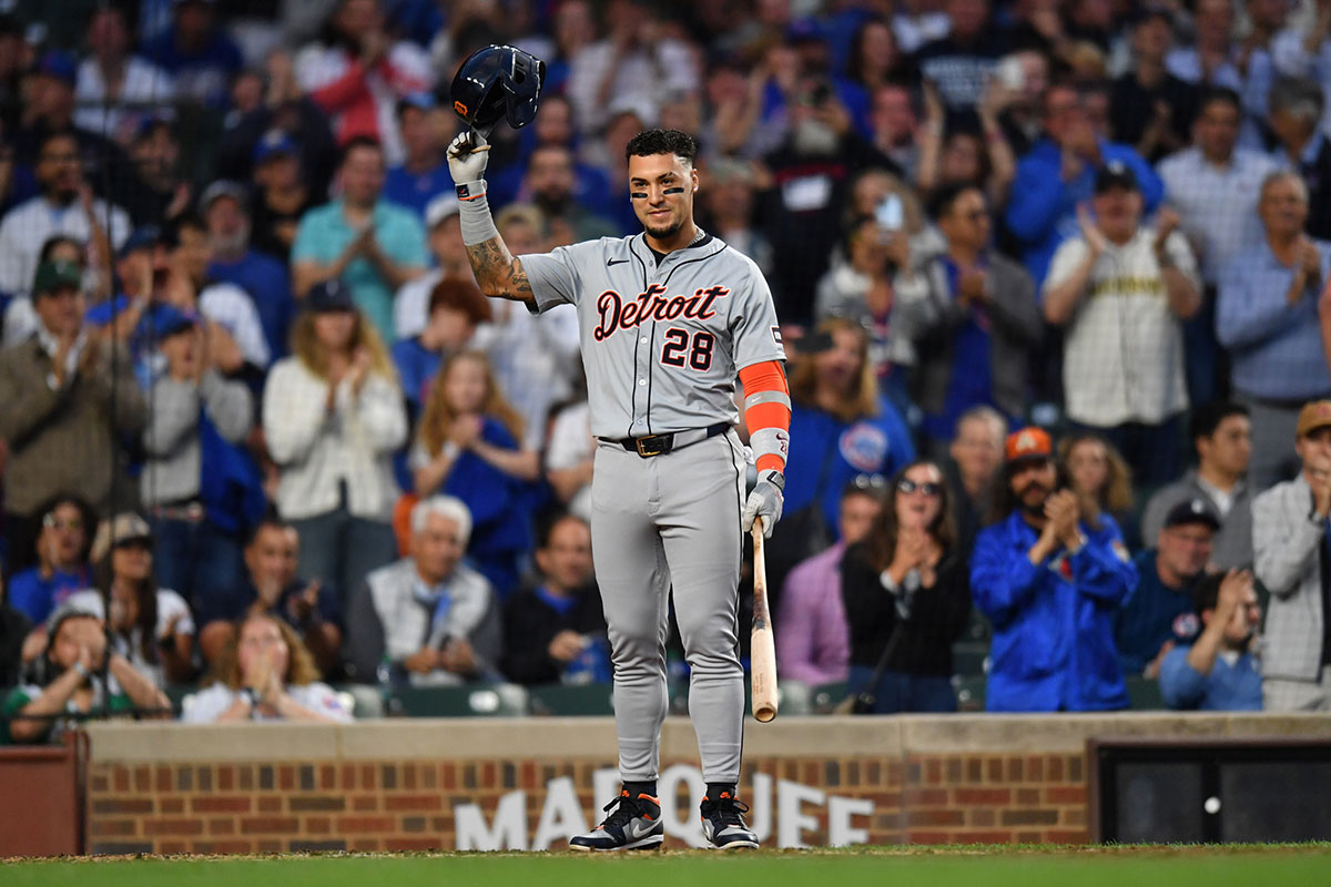 Detroit Tigers shortstop Javier Baez (28) reacts to his standing ovation for his first game back at Wrigley Field during the second inning in a game against the Chicago Cubs.