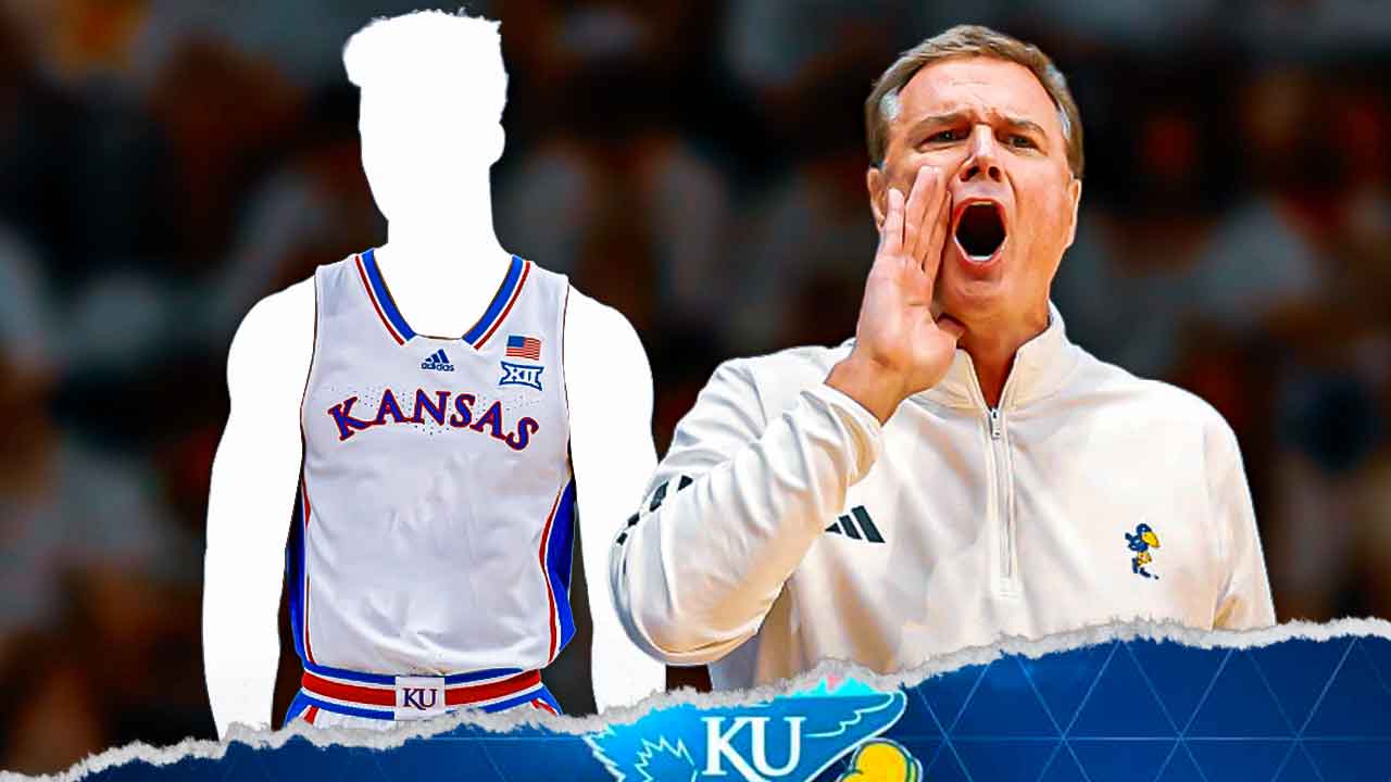 Kansas basketball head coach Bill Self alongside a shadowy player in a Kansas basketball jersey with the Kansas Jayhawks logo in the background