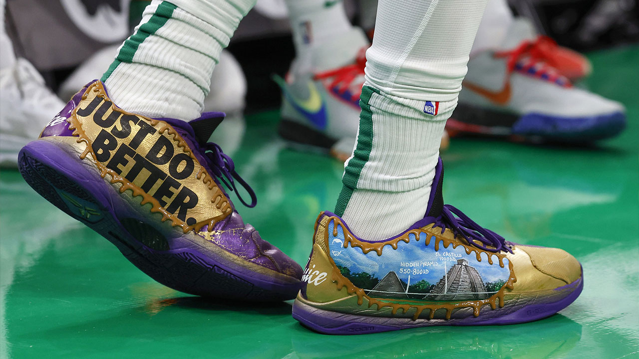 The Nike shoes of Boston Celtics guard Jaylen Brown (7) are seen during the first quarter against the Miami Heat at TD Garden.