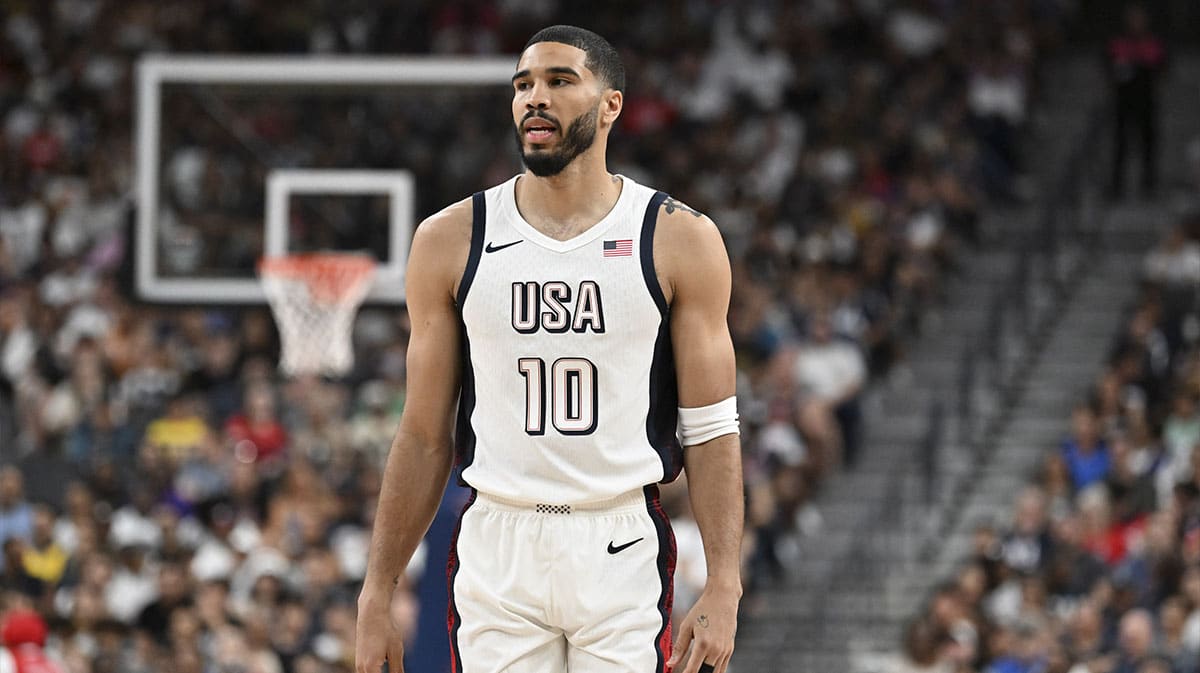 USA forward Jayson Tatum (10) looks on in the third quarter against Canada in the USA Basketball Showcase at T-Mobile Arena. 