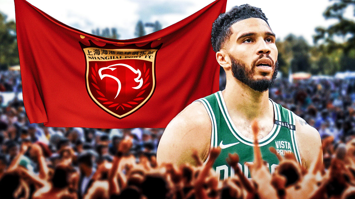 Jayson Tatum in a Celtics jersey with a Shanghai flag next to him and a crowd of people below him.