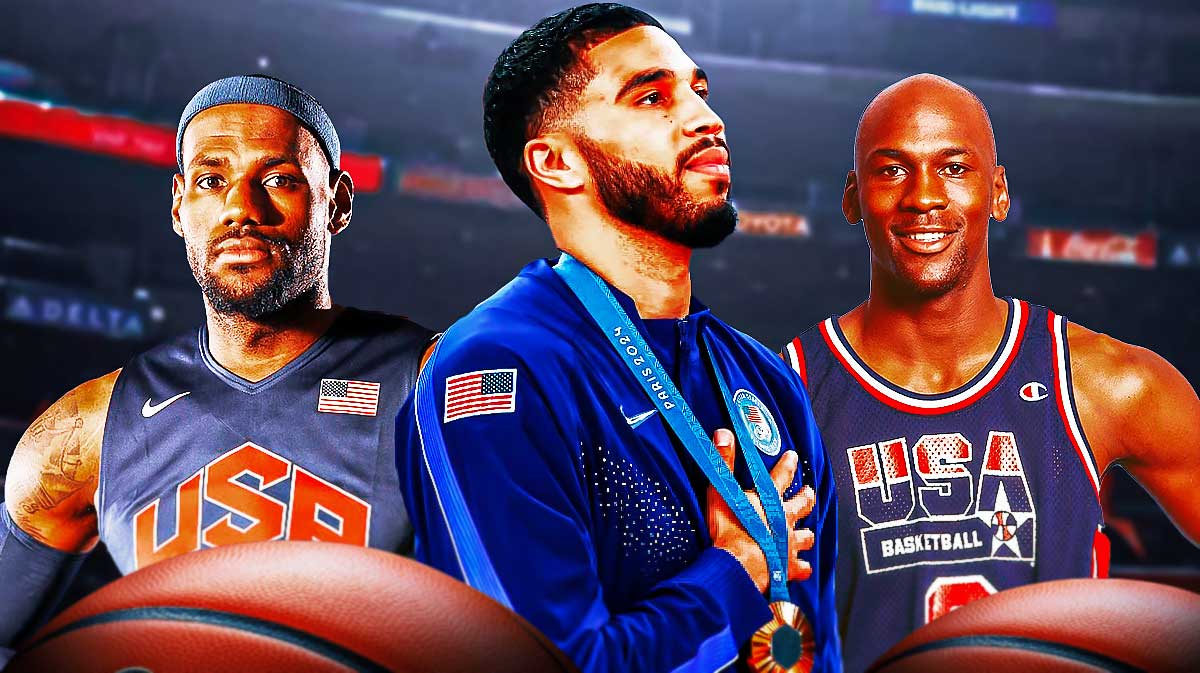 Team USA Gold Medalist Jayson Tatum with LeBron James and Michael Jordan