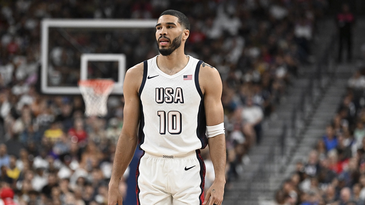 USA forward Jayson Tatum (10) looks on in the third quarter against Canada in the USA Basketball Showcase at T-Mobile Arena.