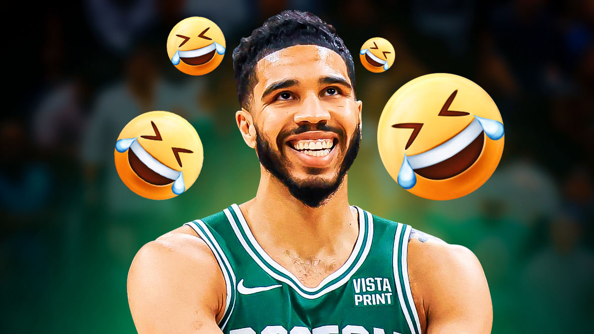 Jayson Tatum surrounded by laughing emojis