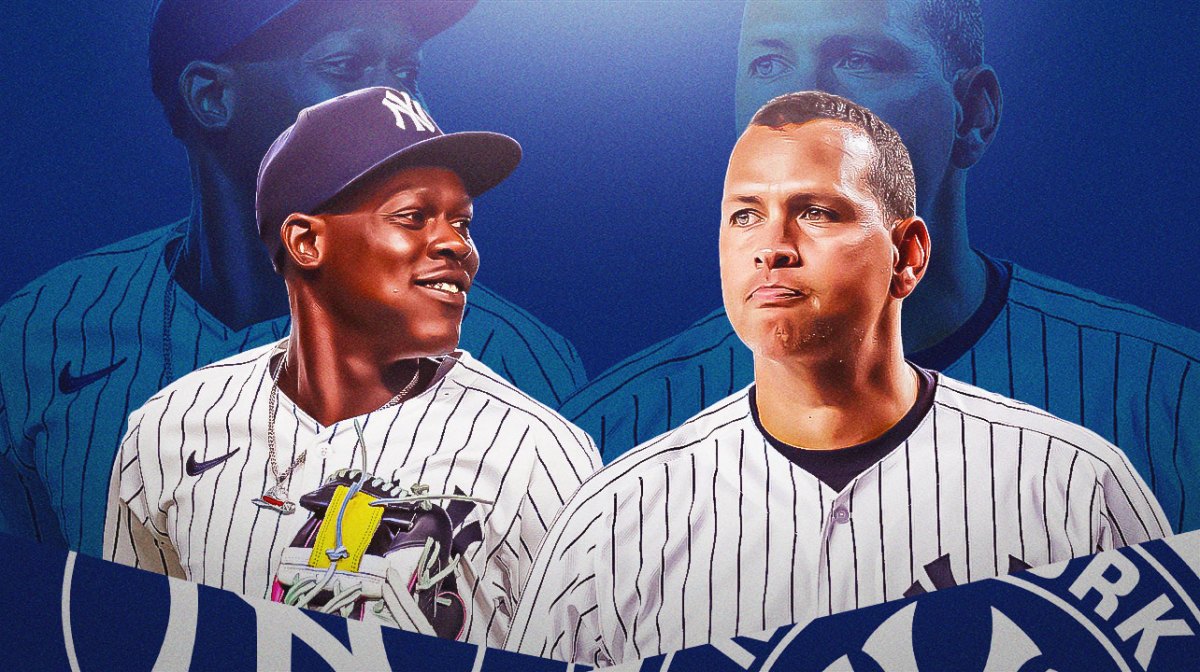 Jazz Chisholm and Alex Rodriguez smile next to each other, both in Yankees gear