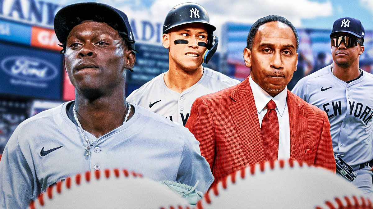 Yankees' Jazz Chisholm Jr. looking confused, with Stephen A. Smith, Aaron Judge, and Juan Soto beside him