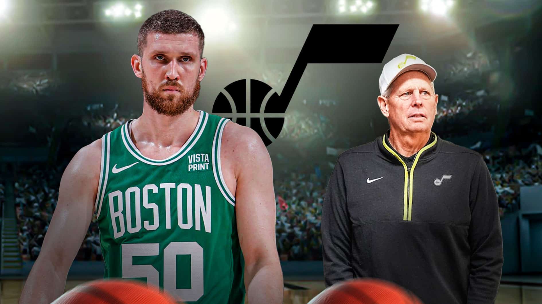 Free agency signing Svi Mykhailiuk beside Danny Ainge with Jazz logo in the background