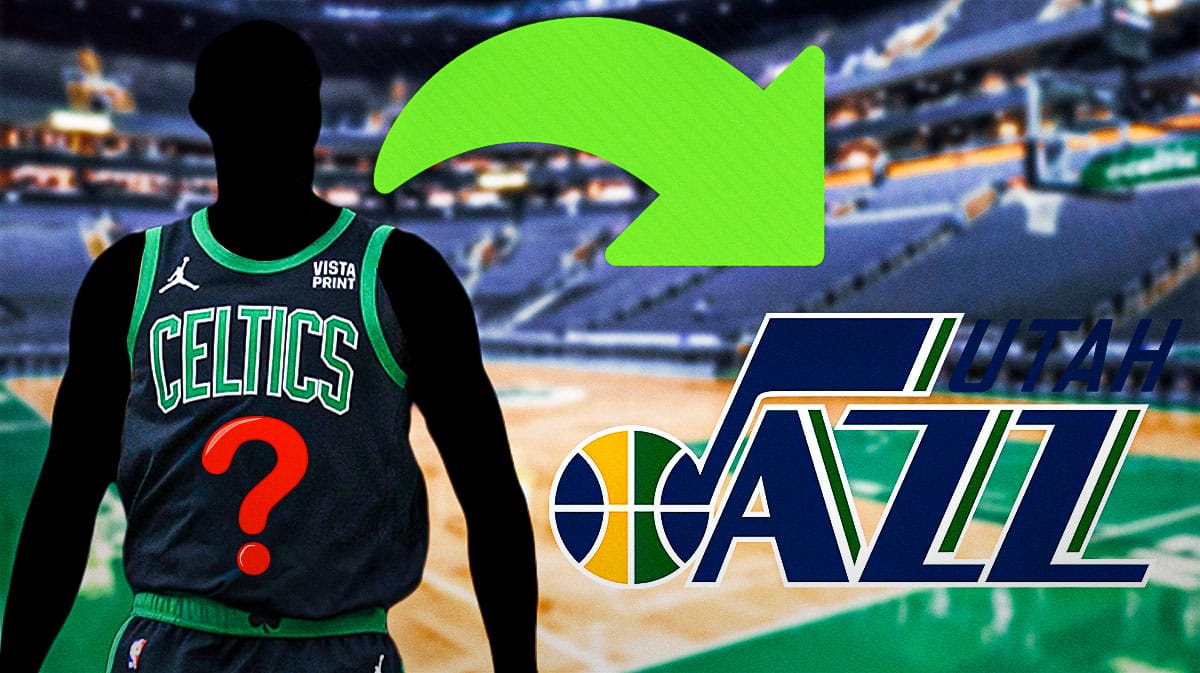 A mystery with a Celtics jersey on with an arrow pointing to the Utah Jazz logo.