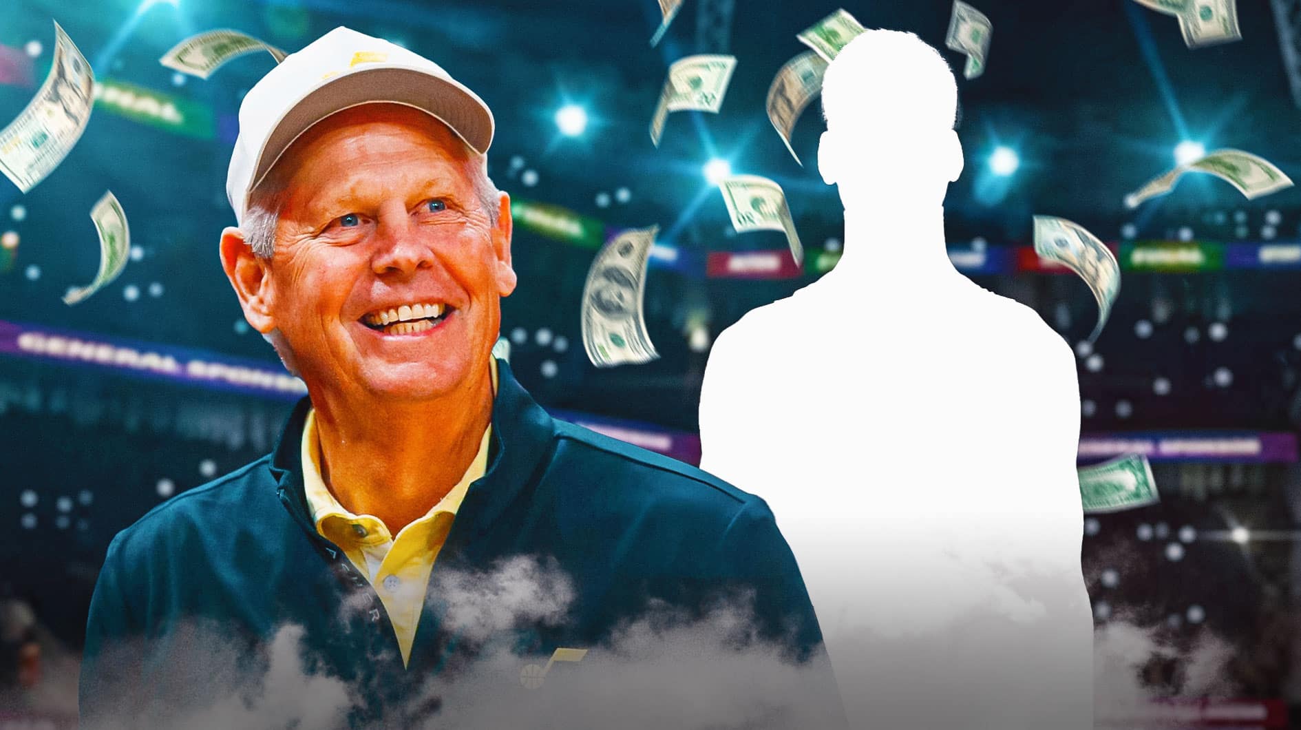 Danny Ainge beside silhouette of Kyle Filipowski, with money in the background.