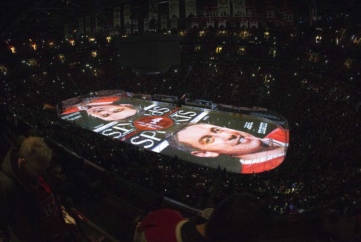 A general view of the Bell Center during the ceremony honoring the memory of former Montreal Canadiens player Jean Beliveau (4) before the game against Vancouver Canucks at Bell Centre. 