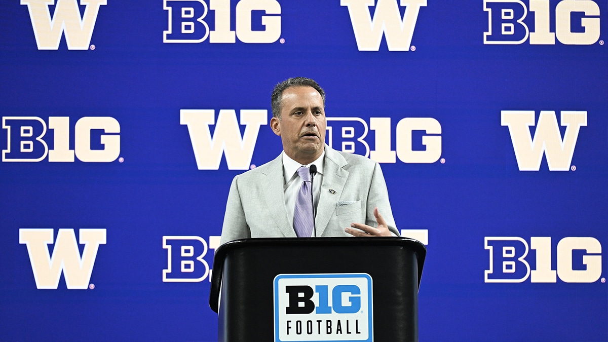 Washington Huskies head coach Jedd Fisch speaks to the media during the Big 10 football media day at Lucas Oil Stadium