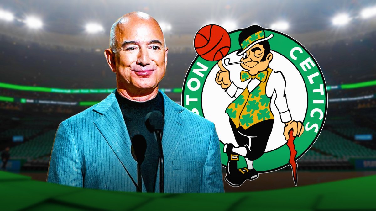 Amazon's Jeff Bezos next to Celtics logo after owner news, Jayson Tatum in background