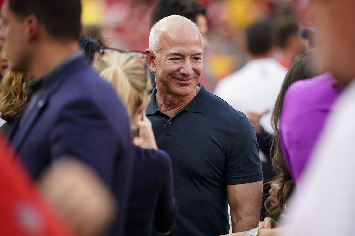 Amazon executive chairman Jeff Bezos in attendance before the Kansas City Chiefs play against the Los Angeles Chargers at GEHA Field at Arrowhead Stadium.