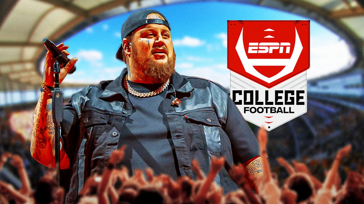 Singer Jelly Roll singing in the middle of a college football field with the ESPN college football logo next to it and fans surrounding