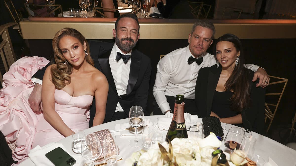 Jennifer Lopez, Ben Affleck, Matt Damon and Luciana Barroso at the Golden Globes in 2024.