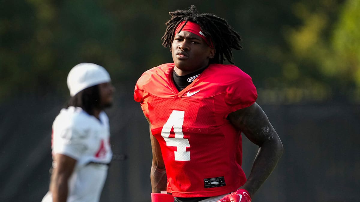 Ohio State Buckeyes wide receiver Jeremiah Smith (4) runs during football practice at the Woody Hayes Athletic Complex.