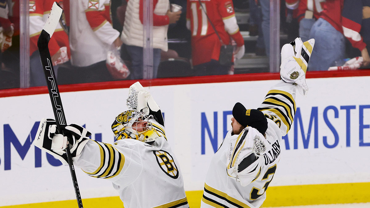 Boston Bruins goaltender Jeremy Swayman (1) and goaltender Linus Ullmark (35) celebrate after winning against the Florida Panthers in game five of the second round of the 2024 Stanley Cup Playoffs at Amerant Bank Arena.