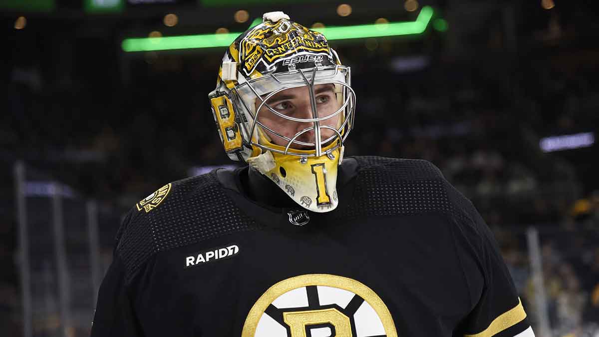 Boston Bruins goaltender Jeremy Swayman (1) during the second period against the Carolina Hurricanes at TD Garden.