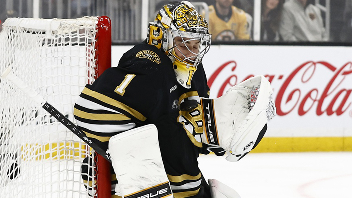 Boston Bruins goaltender Jeremy Swayman (1) makes a chest save against the Florida Panthers during the second period of game three of the second round of the 2024 Stanley Cup Playoffs at TD Garden.