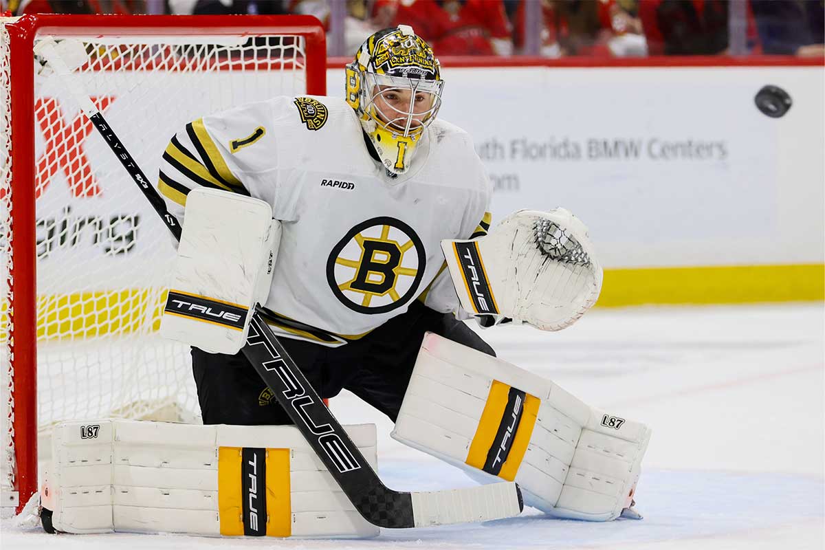 Boston Bruins goaltender Jeremy Swayman (1) defends his net against the Florida Panthers during the second period in game five of the second round of the 2024 Stanley Cup Playoffs at Amerant Bank Arena.